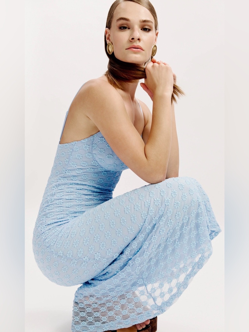 Bardot Adoni Mesh Midi Dress M US 6 Cornflower Blue Floral Lace Slip